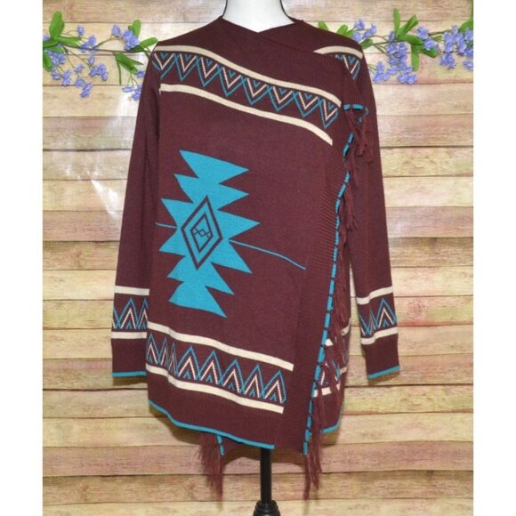 Giddy Up Glamour Cardigan Womens S Aztec Southwestern Open Front Fringe Fall - Picture 6 of 13